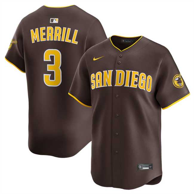 Men%27s San Diego Padres #3 Jackson Merrill Brown 2024 Away Limited Stitched Jersey Dzhi->pittsburgh pirates->MLB Jersey